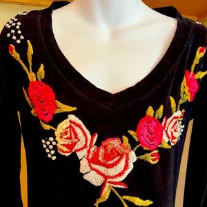 Beautiful Johnny Was Cotton Long Bell Sleeved Slim T Shirt Small W/Embroidery